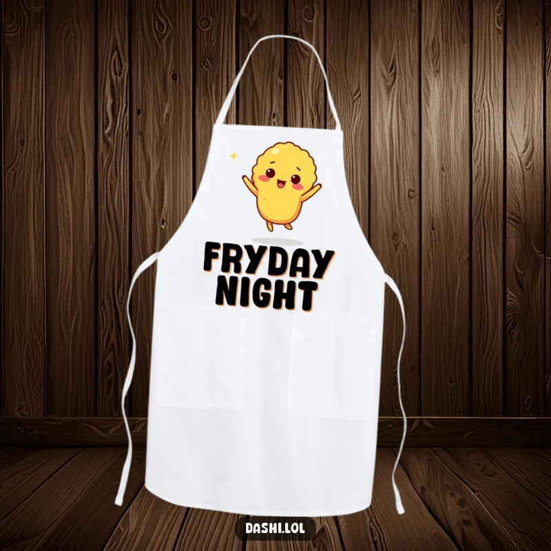 Funny tempura apron showing a giddy tempura piece doing a little jig, adding humor and protection to the kitchen.