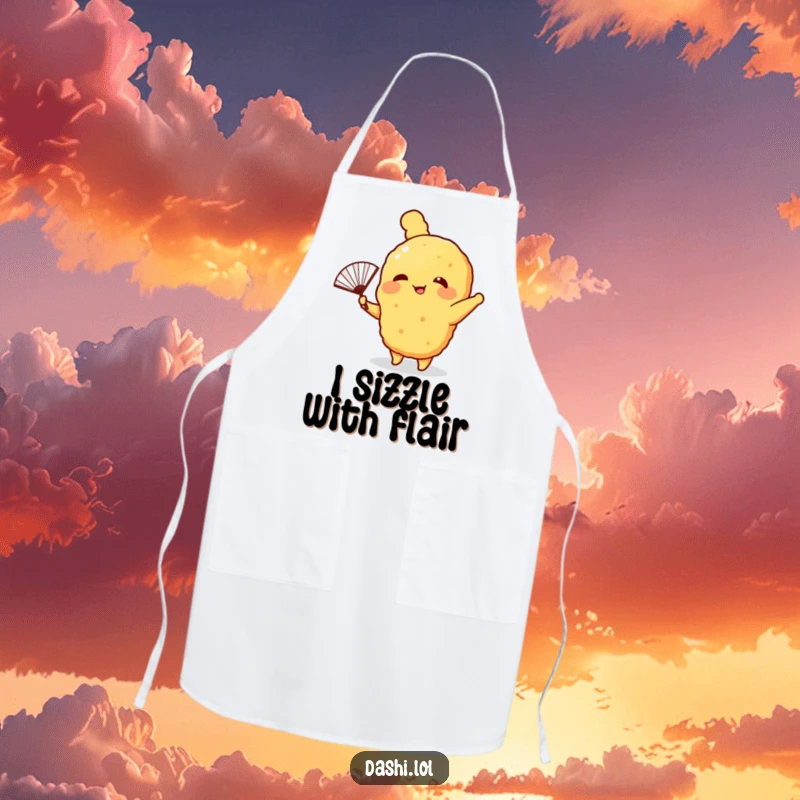 Funny Apron showing a giggling tempura character waving a fan, an amusing accessory for anyone who loves making tempura.