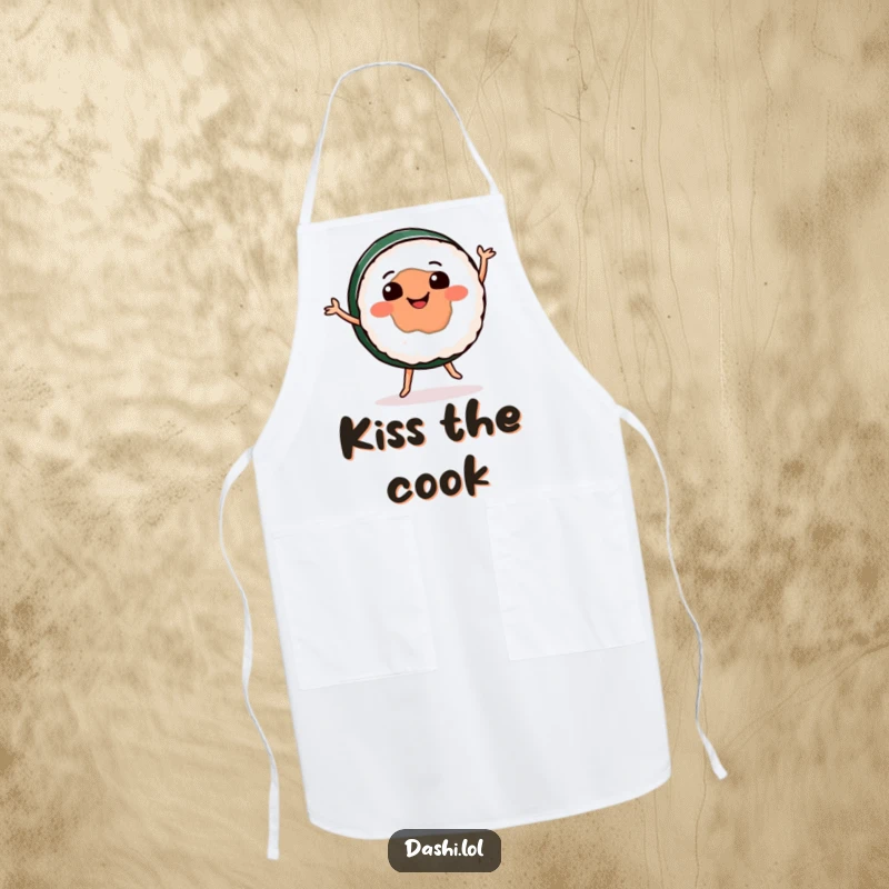 Funny sushi apron showing a happy sushi roll dancing while cooking, adding humor and protection to the kitchen.