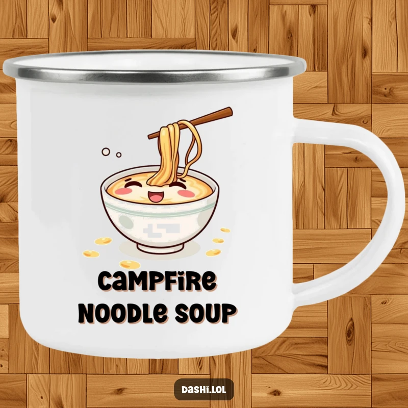 Funny Ramen Camping Mug: A mischievous ramen bowl giggles while splashing noodles, bringing portable joy and humor outdoors.