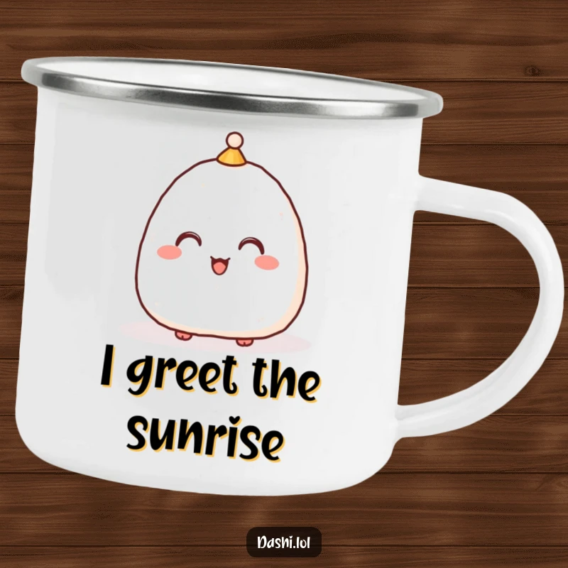 Funny Camping Mug with a delighted onigiri in a hat bowing, perfect for outdoor enjoyment and cultural humor.