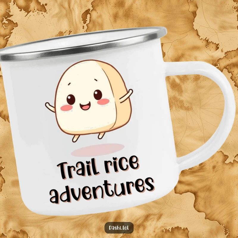 Funny Onigiri Camping Mug: A smiling onigiri with tiny legs joyfully jumps, bringing portable cheer to outdoor excursions.