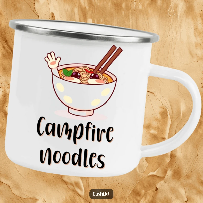 Funny ramen camping mug featuring a cheerful ramen bowl character waving excitedly, perfect for outdoor drinks.