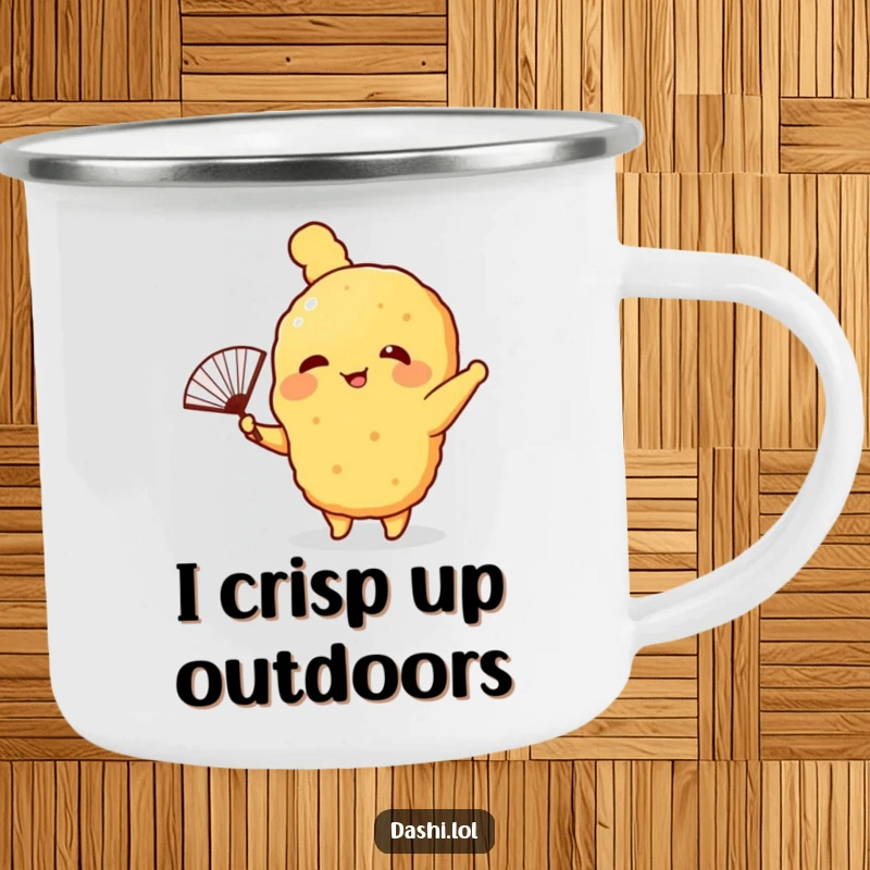 Funny Camping Mug with a giggling tempura character waving a fan, perfect for outdoor enjoyment and foodie humor.