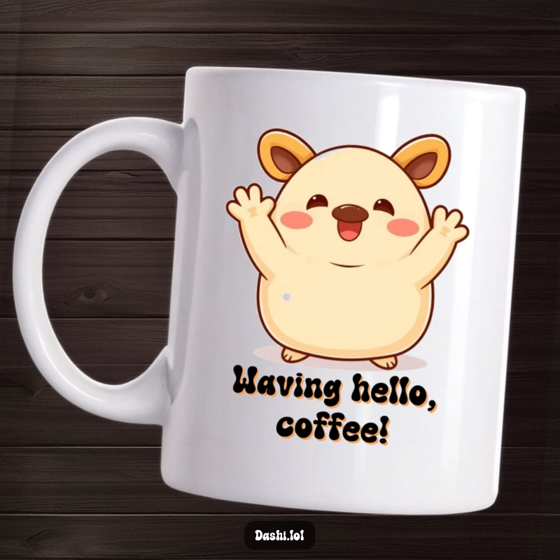 Funny Bao Bun Mug: A delighted bao bun enthusiastically waves with its small arms, offering a friendly and cheerful greeting.