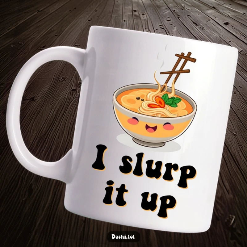 Funny Mug featuring a smiling bowl of steaming ramen expertly juggling multiple small chopsticks, celebrating food humor.