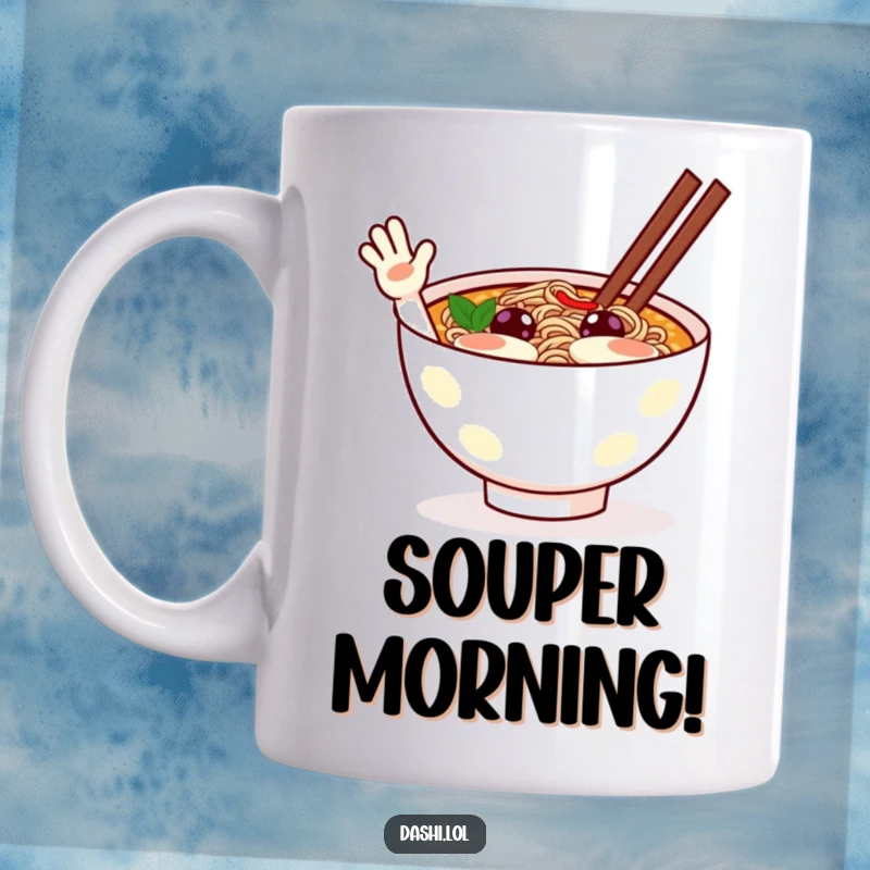 Funny ramen mug featuring a cheerful ramen bowl character with eyes and mouth, eagerly waving hello with a smile.
