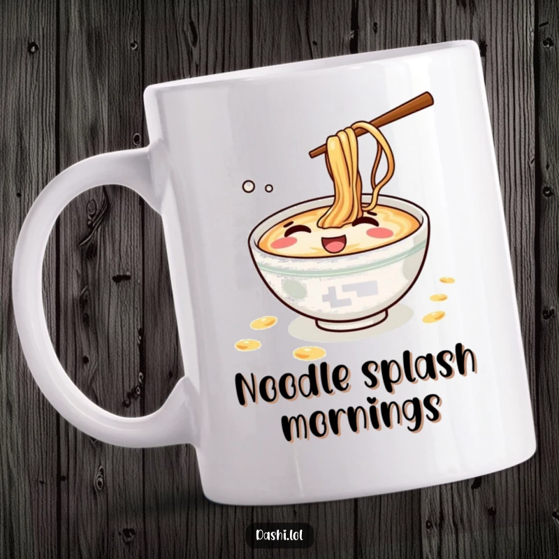 Funny Ramen Mug: A mischievous ramen bowl giggles while splashing tiny noodles, spreading playful and messy joy.