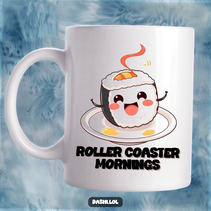 Funny Sushi Roll Mug: A cheerful sushi roll happily spins on a plate, radiating joy and a love for food.