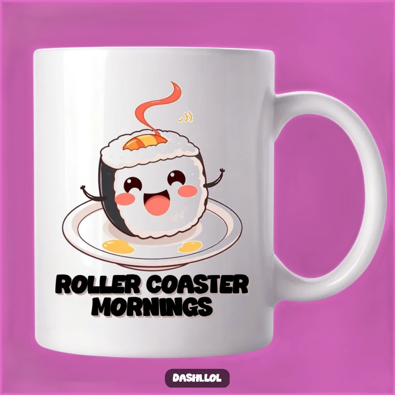 Funny Sushi Roll Mug: Cheerful Spinning Character, Perfect Humorous Gift!