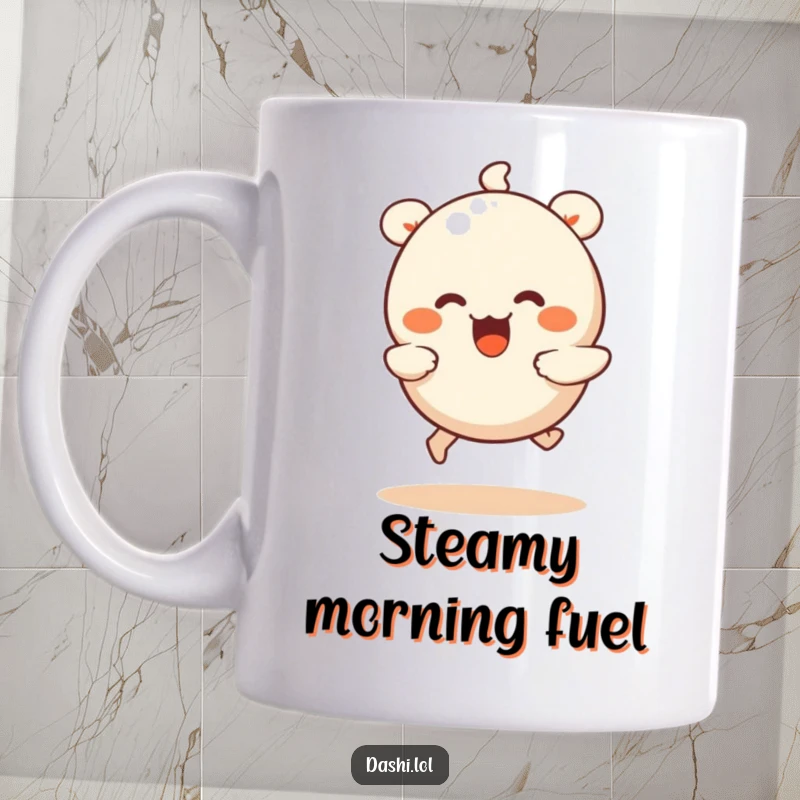 Funny dumpling mug featuring a wiggling dumpling with tiny legs joyfully running, bringing a smile with every sip.