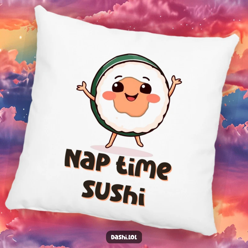 Funny sushi pillow featuring a smiling, round sushi piece doing a happy dance, offering comfort and a humorous touch.