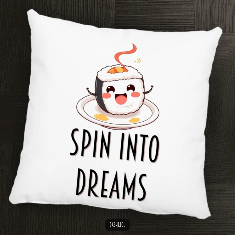 Funny Sushi Roll Pillow: A cheerful sushi roll happily spins on a plate, offering a comfortable and humorous decorative piece.