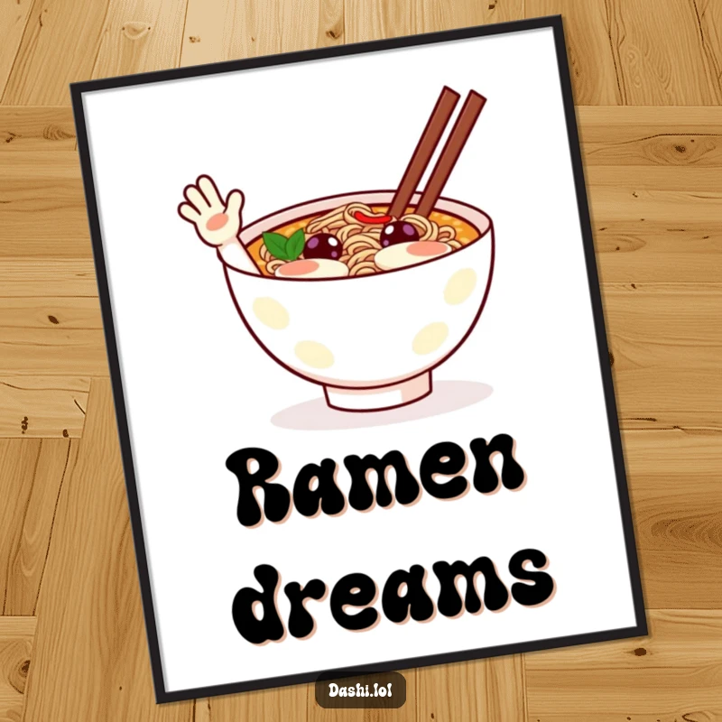 Funny ramen digital art print of a cheerful ramen bowl character waving excitedly, ready to bring smiles.
