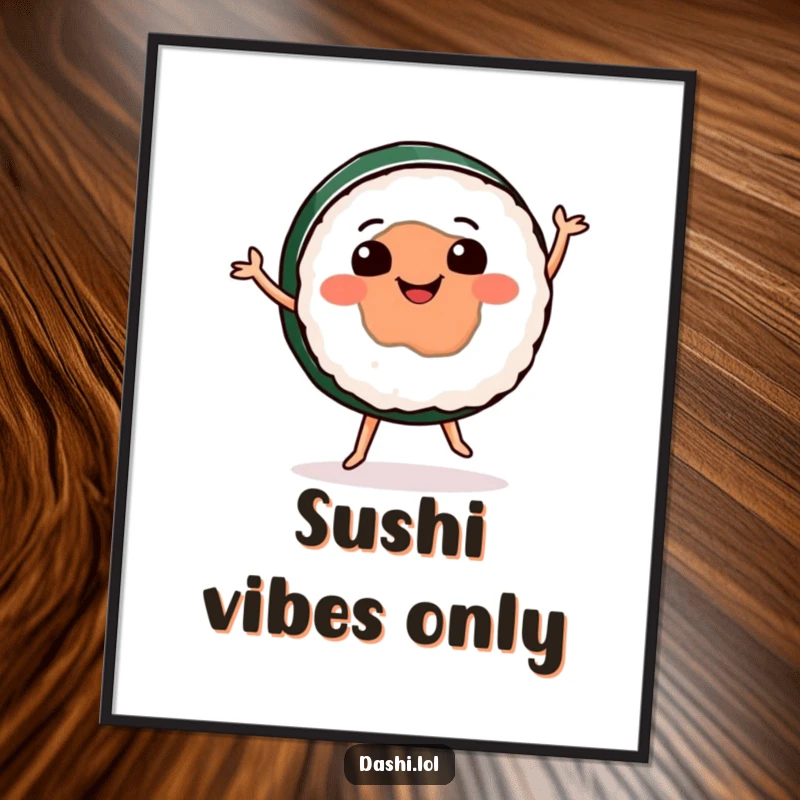Funny sushi digital art print of a round, smiling sushi character performing an energetic happy dance, ready to bring joy.