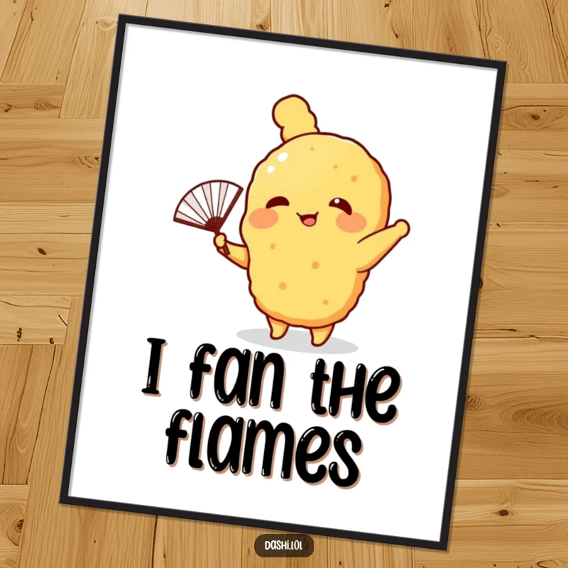 Funny Digital Art Print of a tempura character waving a fan, adding playful humor and foodie charm to wall decor.