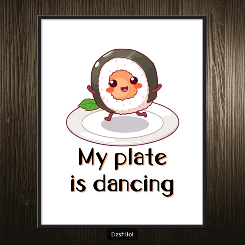 Funny Digital Art Print of a cheerful sushi roll with tiny legs skipping across a plate, appetizing and humorous decor.