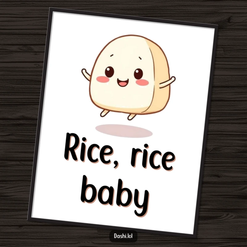 Funny Onigiri Digital Art Print: A smiling onigiri with small legs joyfully jumps, capturing a moment of pure, energetic delight.