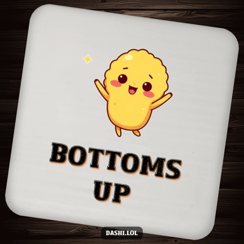 Funny tempura coasters showing a giddy tempura piece doing a little jig, adding humor to drink protection.