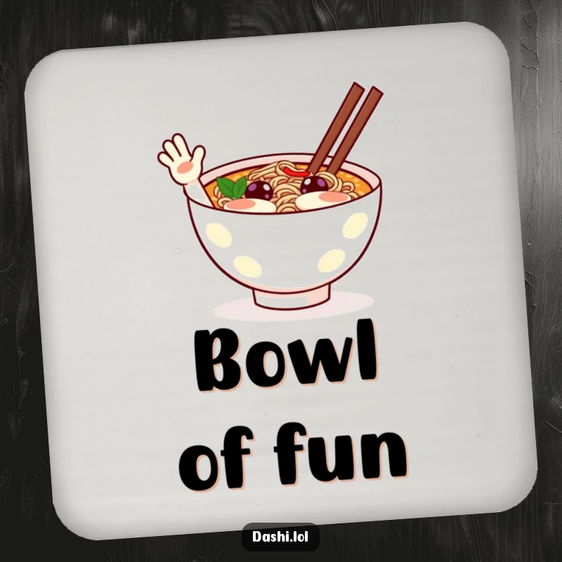 Funny ramen coasters showing a cheerful ramen bowl character waving excitedly, adding humor to drink protection.