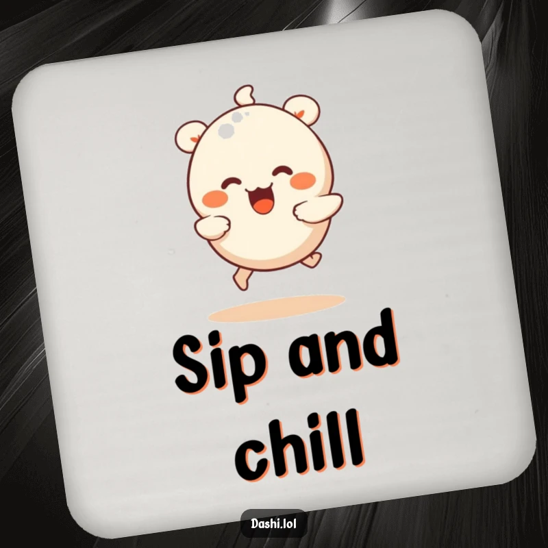 Funny dumpling coasters showing a wiggling dumpling with tiny legs running joyfully, adding humor to drink protection.