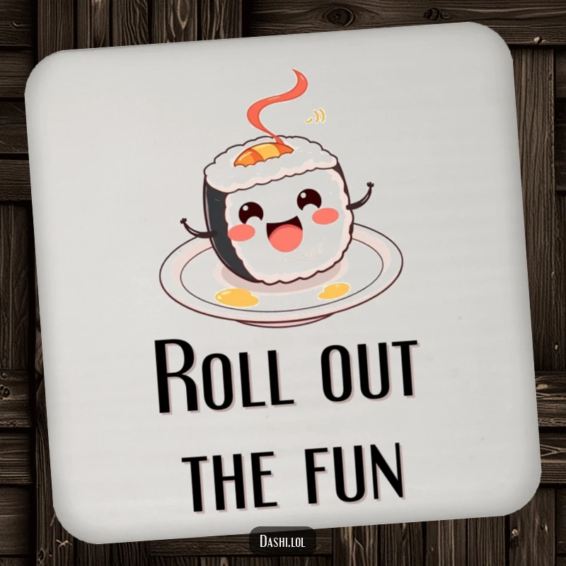 Funny Sushi Roll Coaster: A cheerful sushi roll spins happily on a plate, providing a fun and functional drink rest.