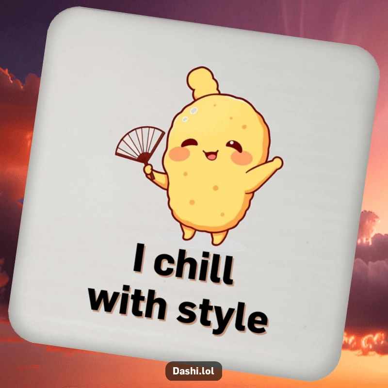 Funny Drink Coaster featuring a giggling tempura character waving a fan, a humorous and practical item for any table.