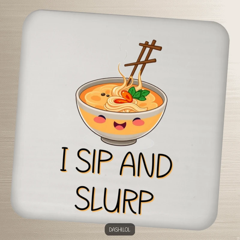 Funny Drink Coaster featuring a smiling ramen bowl juggling chopsticks, a humorous and practical item for any table.