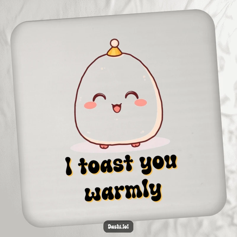 Funny Drink Coaster featuring a delighted onigiri with a hat bowing, a humorous and practical item for any table.