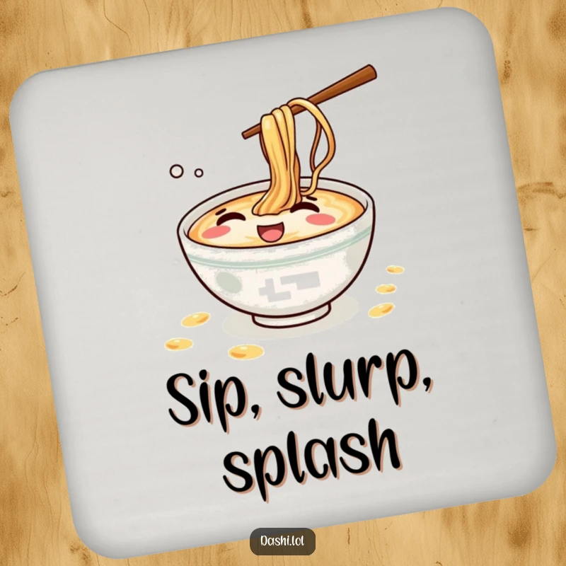 Funny Ramen Coaster: A mischievous ramen bowl giggles while splashing tiny noodles, providing a fun and functional drink rest.
