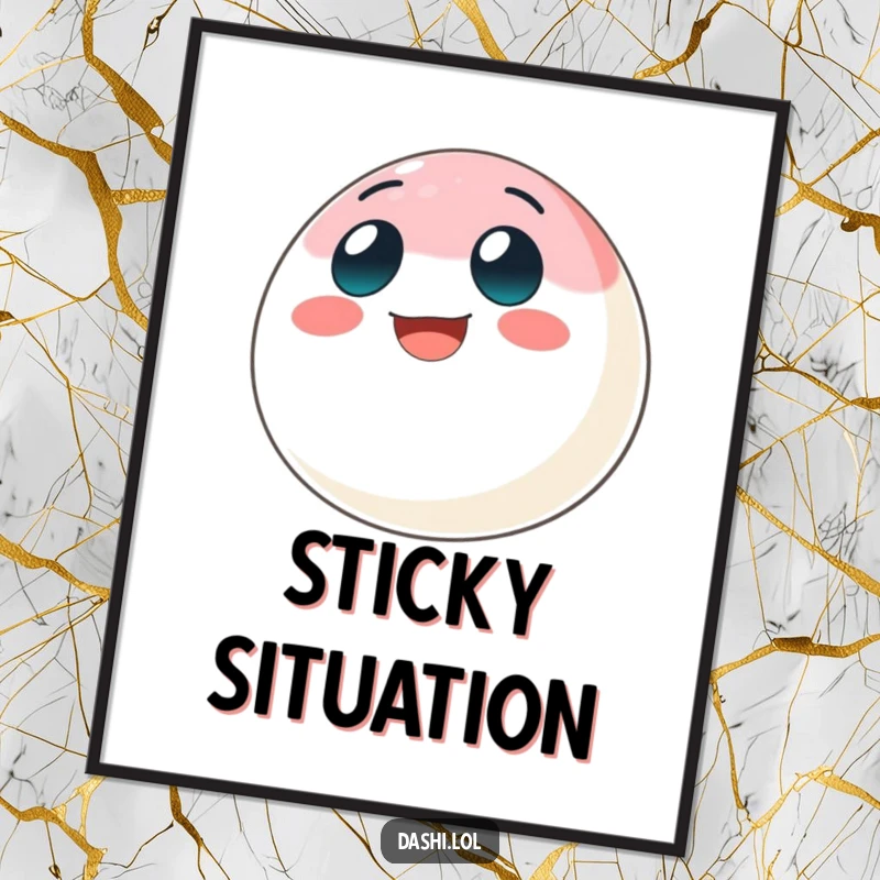 Funny mochi poster art of a bouncing mochi ball character with a big grin, bringing playful energy to decor.