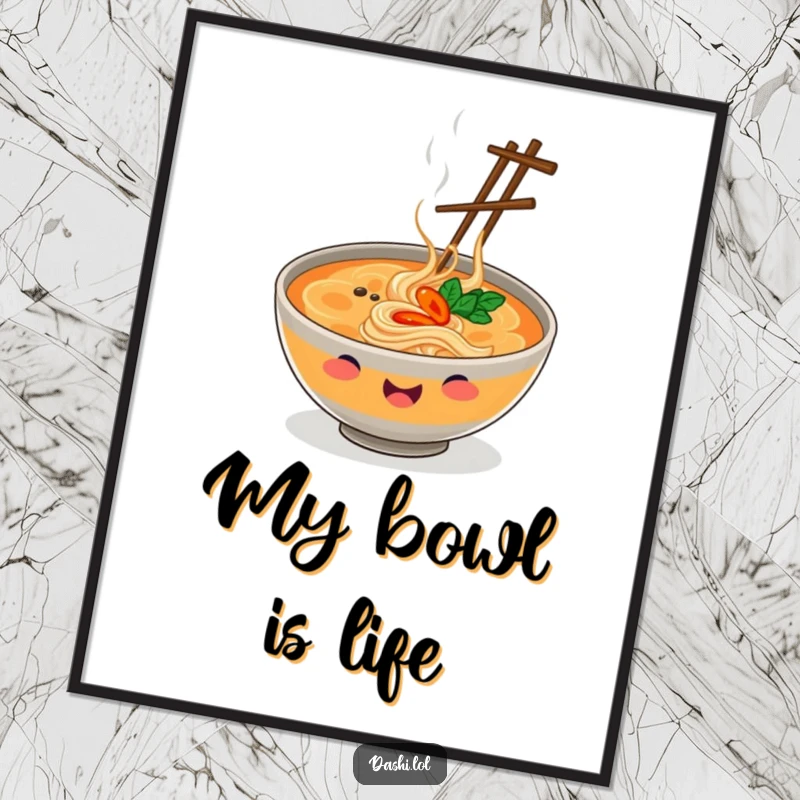 Funny Poster of a cheerful ramen bowl juggling chopsticks, adding a humorous and appetizing touch to wall decor.