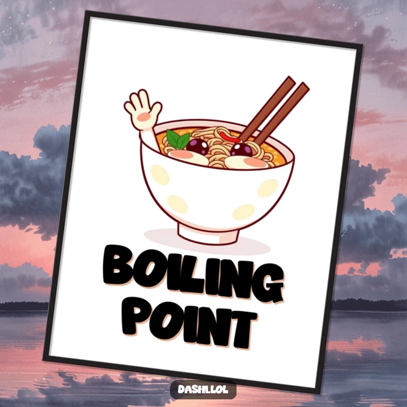 Funny ramen poster art of a cheerful ramen bowl character waving excitedly, bringing warmth and whimsy to decor.