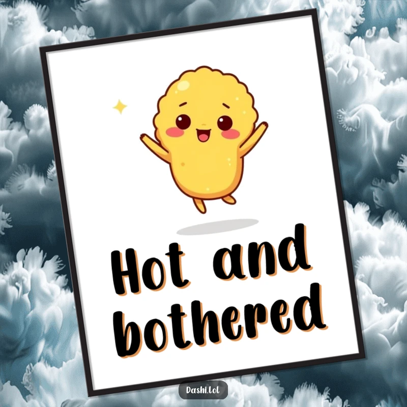 Funny tempura poster art of a giddy tempura piece doing a lively jig, bringing festive energy to decor.