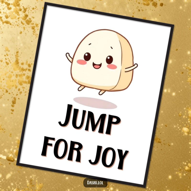 Funny Onigiri Poster: A smiling onigiri with tiny legs is captured mid-jump, radiating happiness and playful energy.
