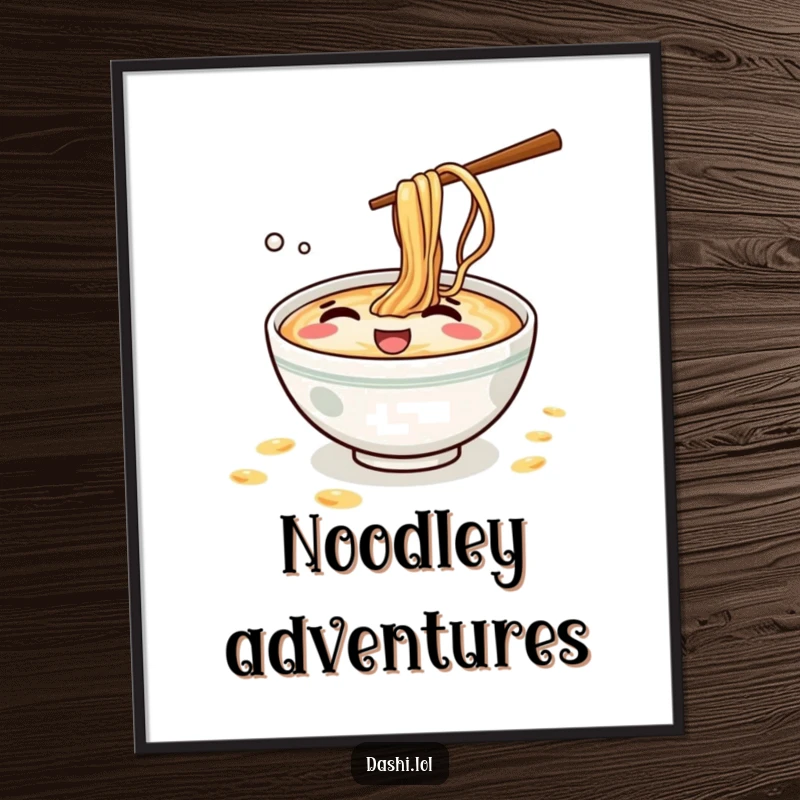 Funny Ramen Poster: A mischievous ramen bowl giggles, splashing tiny noodles with playful delight.