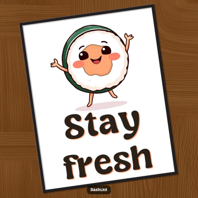 Funny sushi poster art of a round, smiling sushi character performing an ecstatic happy dance, ideal for kitchen or room decor.