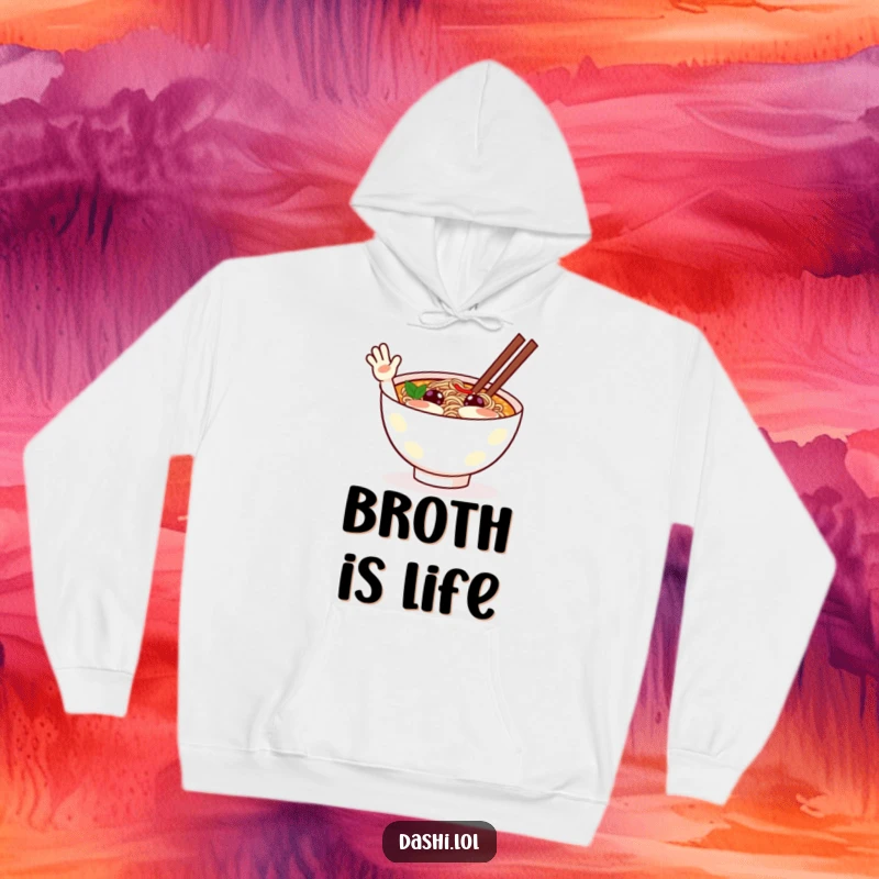 Funny ramen hoodie featuring a cheerful ramen bowl character waving excitedly, bringing warmth and humor.