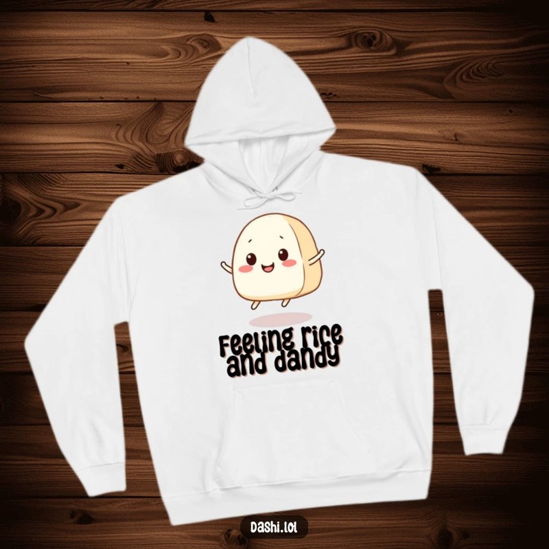 Funny Onigiri Hoodie: A happy, smiling onigiri with tiny legs performs a joyful jump, perfect for cozy, humorous moments.