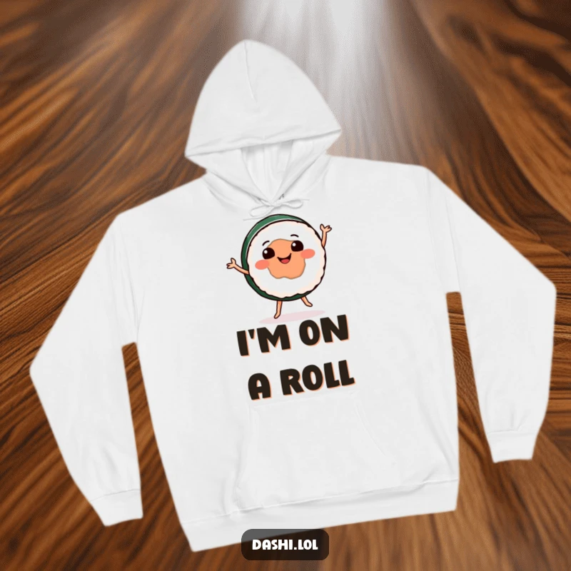 Funny sushi hoodie depicting a happy, dancing sushi roll enjoying a joyful jig, bringing warmth and humor to the wearer.