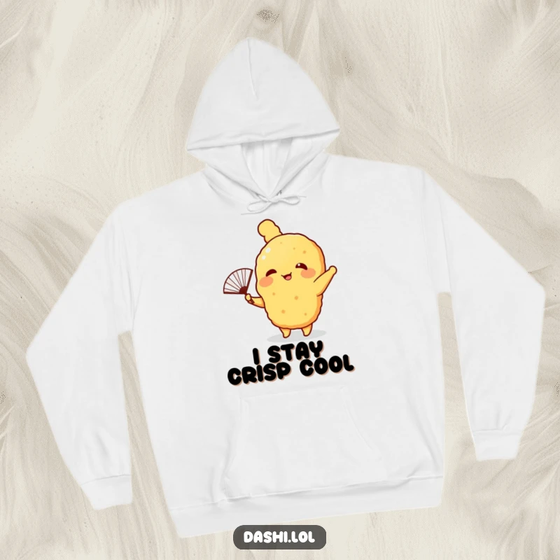 Funny Hoodie showcasing a giggling tempura with tiny arms waving a paper fan, perfect for cozy and humorous wear.