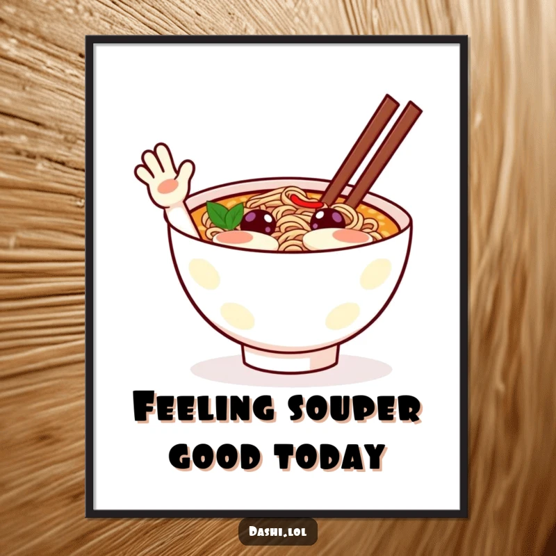Funny Free Printable Wall Art of a cheerful ramen bowl with a big smile, waving hello to viewers.