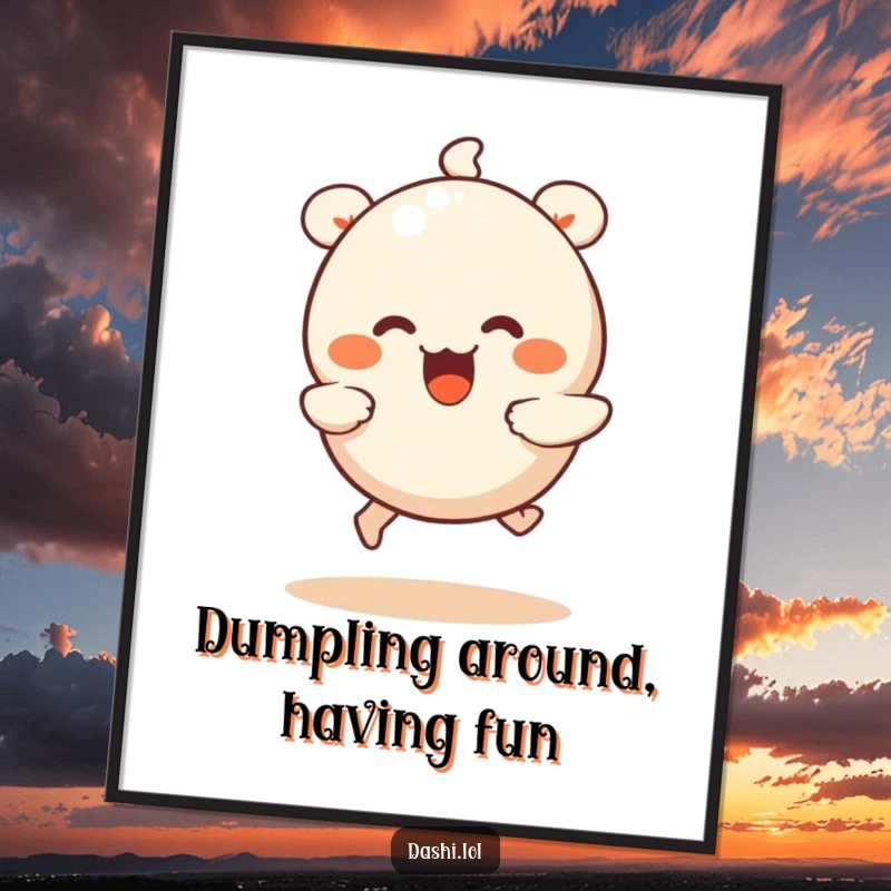 Funny Free Printable Wall Art of a cute dumpling with tiny legs running joyfully, adding a playful element to decor.