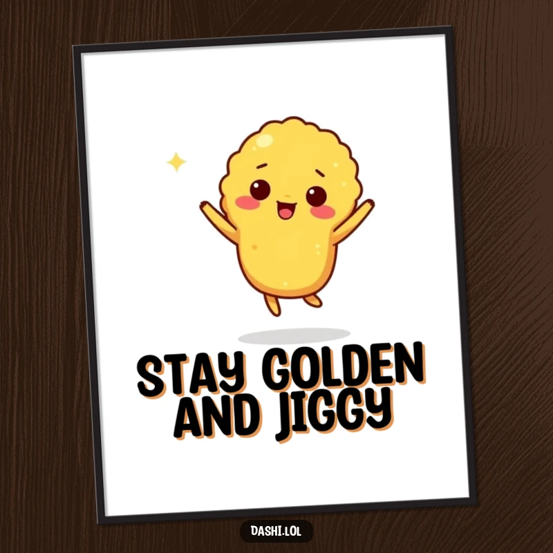 Funny Free Printable Wall Art depicting a giddy piece of tempura doing a lively jig, adding humor to any space.
