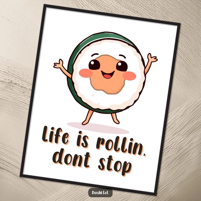 Funny Free Printable Wall Art of a happy sushi roll enthusiastically dancing, bringing joy and humor to any decor.