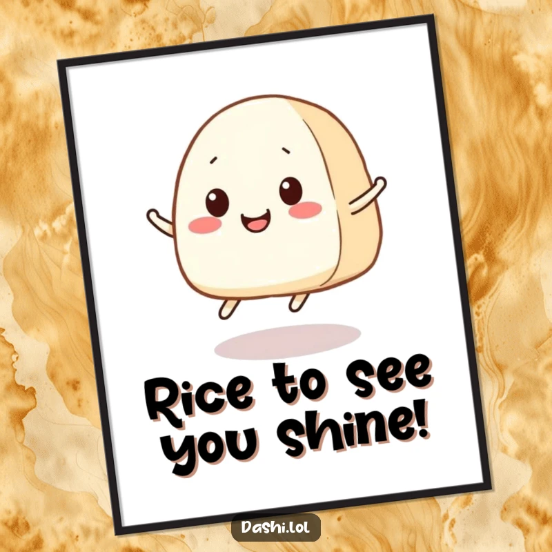 Funny Free Printable Wall Art: A smiling onigiri with small legs captured mid-jump, radiating pure, infectious joy.