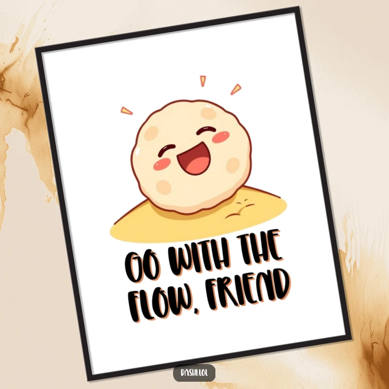 Funny Free Printable Wall Art: A takoyaki ball captured mid-roll down a slope, its face beaming with laughter.