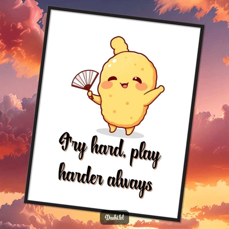 Funny free printable wall art: A giggling tempura with tiny arms waving a tiny paper fan, creating a festive and humorous visual.