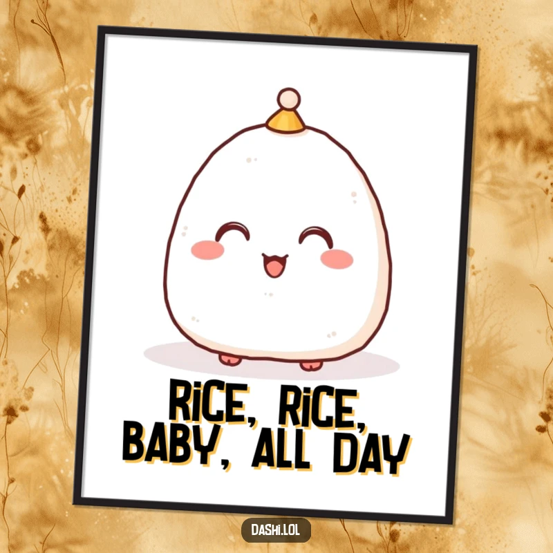 Funny free printable wall art: A delighted onigiri wearing a small hat, performing a respectful low bow, exuding charm and humor.