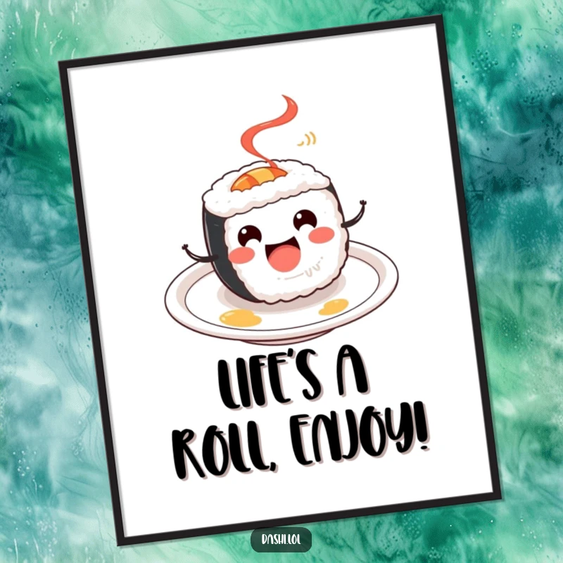 Funny Free Printable Wall Art: A cheerful sushi roll captured in a happy, energetic spin on a simple plate.